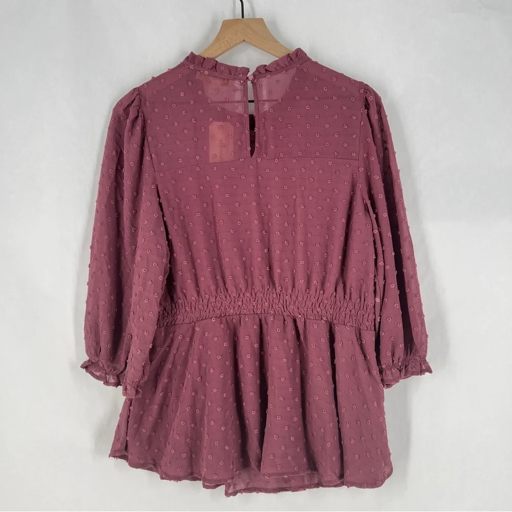 Monteau‎ Purple Sheer Swiss Dot Ruffle Neck 3/4 Sleeve Peplum Blouse NWT XL